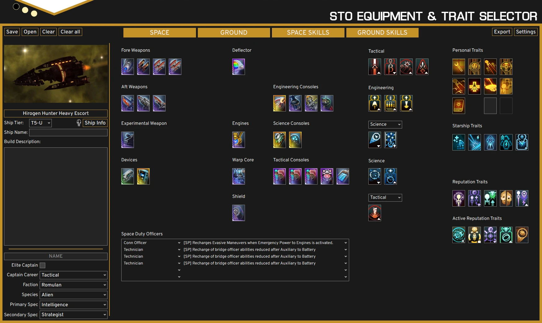 Space build section showing a Hirogen Hunter Phaser CSV build